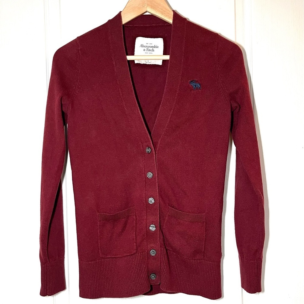 Vintage Y2K A&F Maroon Moose Logo Cardigan Sz S Collegiate Bella Swan Academia